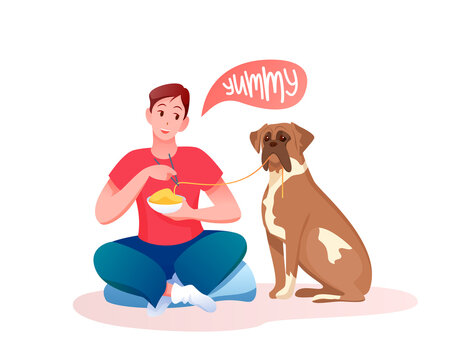 Man Giving Favourite Food To Saint Bernard Dog, Feeding Pet