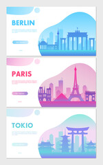 Cartoon flat cityscape with famous architecture buildings for tourists and travelers, traveling symbols of Paris city, Berlin, Tokyo and South Korea.