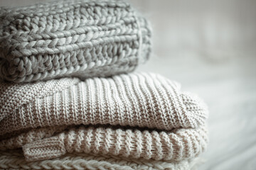 Fototapeta na wymiar A stack of warm knitted items on blurred white background close up.
