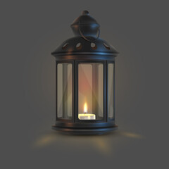 Black Christmas latern, lamp with tealight and glass on dark background. Look like 3d rendering. Happy New Year illustration for greeting card, banner, decor, design, party. 