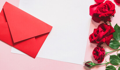 card mockup with flower on white background. Love letter. Note paper with envelope, red rose