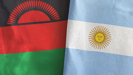 Argentina and Malawi two flags textile cloth 3D rendering