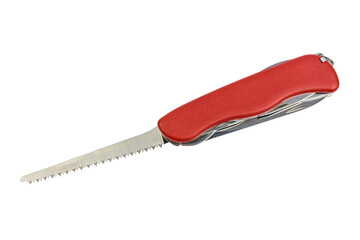 Unfolded all purpose red pocket knife isolated on a white background