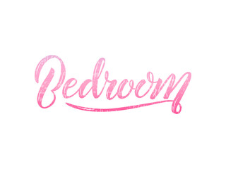 Vector illustration of bedroom lettering for banner, leaflet, poster, logo, advertisement, price list, web design. Handwritten text for template, signage, billboard, print, flyer of furniture shop
