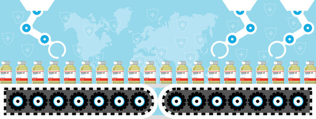 Production and distribution of a COVID-19 vaccine. Design by yellow vaccine bottles sliding on factory belt for manufacturing with robotic hands. Coronavirus Science laboratory metaphor Poster. Vector