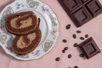 sweet roll with chocolate and coffee