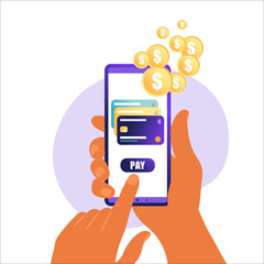 Online mobile payment concept. Mobile phone with credit card icon on the touch screen. Data protection concept. Can use for web banner, infographics. Vector illustration in flat.