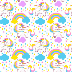 Fototapeta na wymiar Seamless pattern with unicorns, rainbow and other cute elements. Background with stickers, Hand drawn style Perfect for wrapping paper or nursery decor, vector illustration
