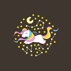 Cute Unicorn, funny unicorn surrounded by stars and constellations, illustration of character design, can be used for T-shirt prints