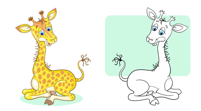 Little cute giraffe. Coloring page with colorful example. In cartoon style. Vector illustration. For coloring book.