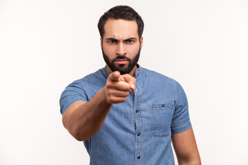 Are you ready? Serious bossy bearded man pointing finger at camera choosing you, scolding and...