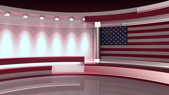 Tv studio. News room. Studio Background. Usa flag. Flag background. Newsroom bakground. Backdrop for any green screen or chroma key video production. Loop. 3D rendering. 