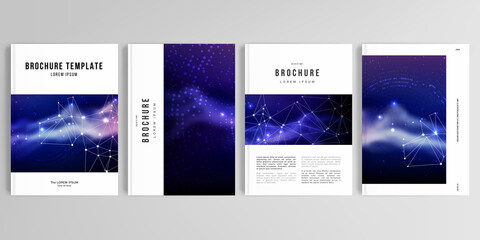 Realistic vector layouts of cover mockup design templates in A4 format for brochure, cover design, flyer, book design, magazine, poster. Digital data visualization, polygonal science dark background.