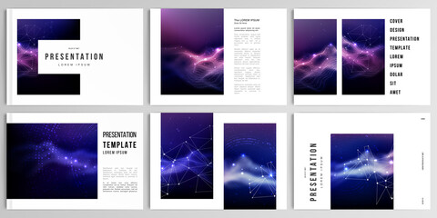Fototapeta na wymiar Vector layouts of presentation templates for brochure, cover design, flyer, book design, magazine, poster. Digital data visualization, polygonal science dark background.