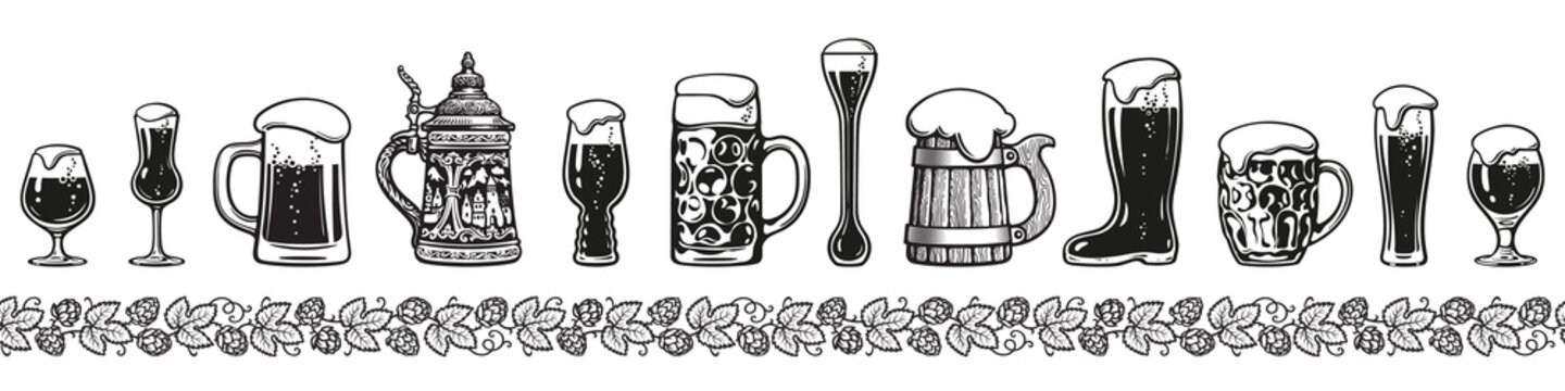Various types of beer glasses and mugs. Seamless border. Hand drawn engraving style vector illustration isolated on white background.