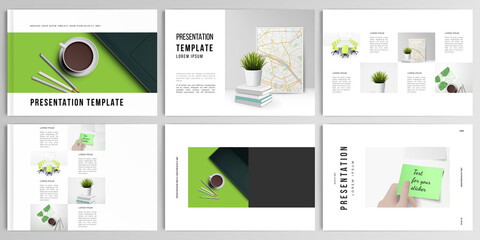 Vector layouts of presentation design templates for brochure, cover design, flyer, book design, magazine, poster. Home office concept, study or freelance, working from home.