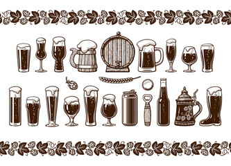 Various types of beer glasses and mugs. Seamless border. Hand drawn engraving style vector illustration isolated on white background. Design elements for brewery, beer festival, bar, pub decoration.