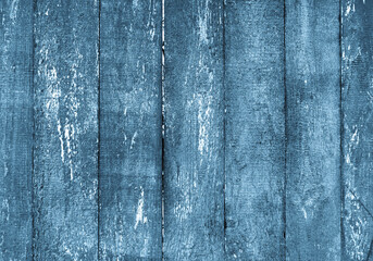 Fototapeta na wymiar Old Shabby Barn Fence. Blue Painted Wood Slats. Scratched Rustic Natural Material. Blue Weathered Garden Fencing Sheet.