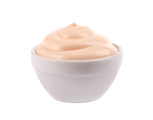 Mayonnaise sauce in bowl, isolated on white background. Creamy salad dressing.