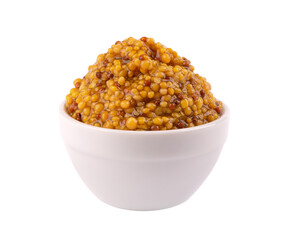 Grain mustard sauce in bowl, isolated on white background. Mustard beans.