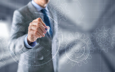 Businessman hand draws gear to success concept. 3D Gear Virtual Screen.