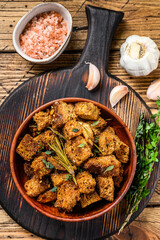 Homemade French fried Croutons. Wooden background. Top view