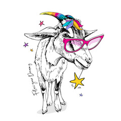 Fun Goat in a pink glasses, with a rainbow unicorn horns and with a colored bangs. Follow your Dreams - lettering quote. Humor card, t-shirt composition, hand drawn style print. Vector illustration.