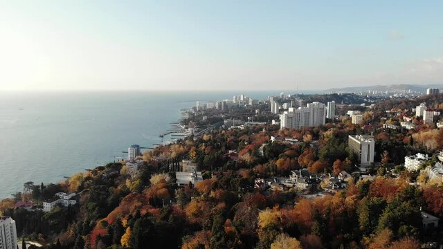 Aerial view of a residential area near the Black Sea. Sochi landscape.
