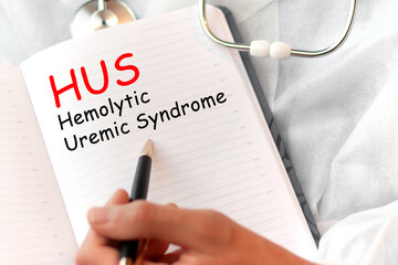 Doctor holding a card with text HUS - short for Hemolytic Uremic Syndrome, medical concept