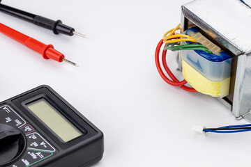 repair and fix service for electric part that used at appliances. work tools over white background. copy space. studio shot. above view