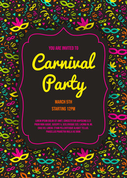 Concept of Carnival Party invitation with colorful background with serpentines. Vector