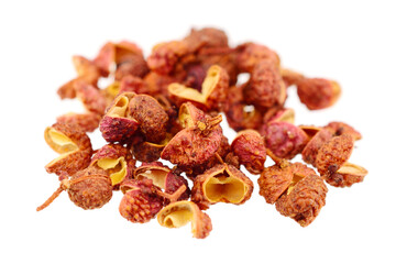 Sichuan Pepper. Also Known as Szechuan Pepper, Szechwan Pepper, Chinese Prickly Ash, Chinese, Rattan, or Mala Pepper. Isolated on White Background.