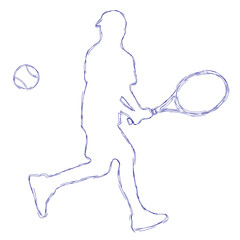 A sketch tennis player runs to the right with a racket. Drawing of a tennis player with a ballpoint pen vector blue on a white background isolated.