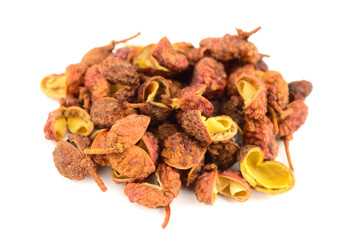 Sichuan Pepper. Also Known as Szechuan Pepper, Szechwan Pepper, Chinese Prickly Ash, Chinese, Rattan, or Mala Pepper. Isolated on White Background.