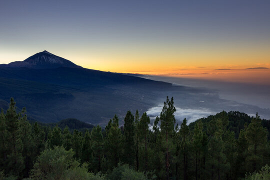 Sunset view of Teide mountain from Chipeque lookout in Tenerife (Spain)