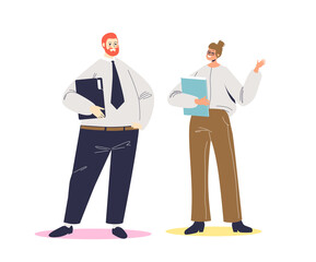 Businessman and businesswoman talking. Business conversation of two cartoon businesspeople