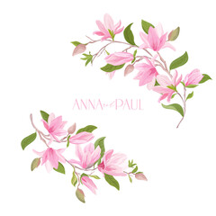 Floral Wedding frame, boho magnolia flower watercolor template. Invitation greeting vector card