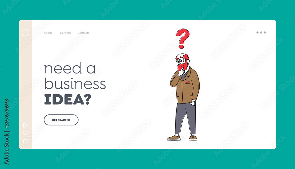 Poster faq service, idea landing page template. thoughtful business man stand with question mark above head
