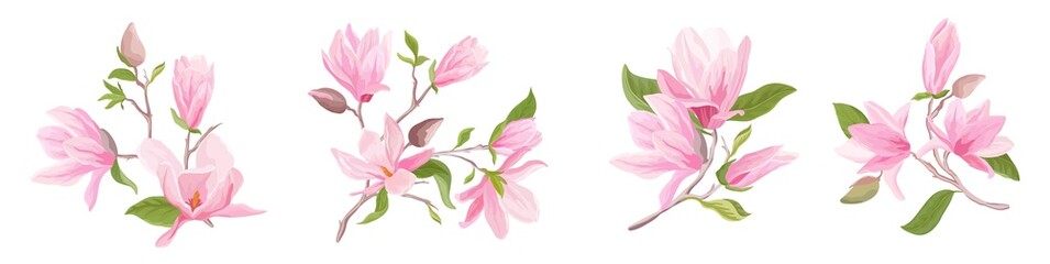 Magnolia flowers bouquet set. Floral spring template of blossom, leaves, branches. Design pastel elements © wooster