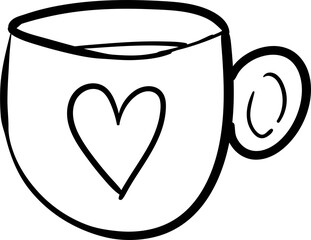 Cute mug with tea or coffee, decorated with a heart, hand-drawn in one stroke style, vector illustration