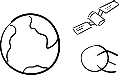 Planet earth and satellites, hand drawn in one stroke style, vector illustration