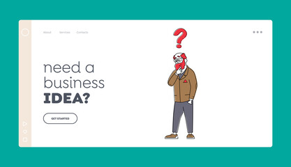 Faq Service, Idea Landing Page Template. Thoughtful Business Man Stand with Question Mark above Head. Searching Solution