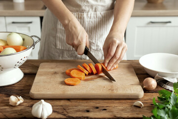 Woman in the kitchen preparing homemade food, female hands working with fresh vegetables - 397680027