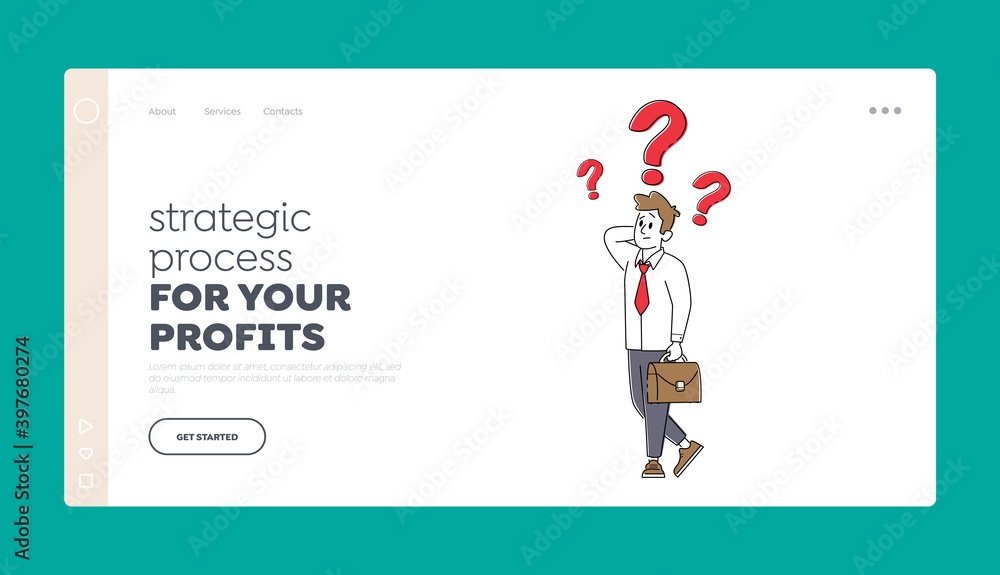Poster business man thinking landing page template. searching solution or decision for difficult answer. qu