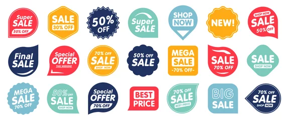 Foto op Plexiglas Set of Sale badges. Sale quality tags and labels. Template banner shopping badges. Special offer, sale, discount, shop, black friday. Vector illustration. © iiierlok_xolms