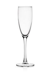 Empty glass champagne flute isolated on white background.