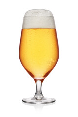 Misted glass of light beer isolated on white background.