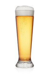 Misted glass of light beer isolated on white background.