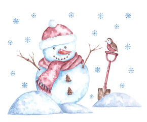 Snowman watercolor card. Composition for the New Year and Christmas. Snowman, snowflakes, snowdrifts, bird, snow shovel, bullfinch. Illustration isolated. For printing on postcards, notebooks, sticker