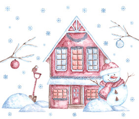 Watercolor card Cozy winter. Snowy house, snowman, snowflakes, drifts, snow shovel, bullfinch, winter branches, Christmas balls. Winter. Christmas, New Year. Illustration isolated. For print.